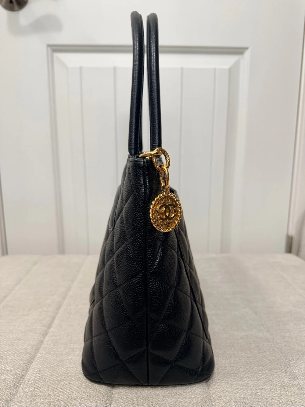 Vintage CHANEL Black Quilted Caviar Medallion Tote 24K gold-plated hardware